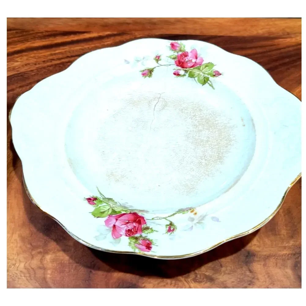 698. Cottage Core Vintage Covered Butter Dish Roses and Gold Trim